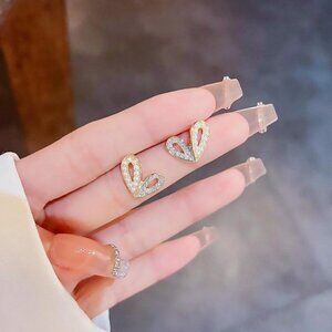 Dainty Asymmetrical Open Heart Stud Earrings with Rhinestone and Pearl Accents